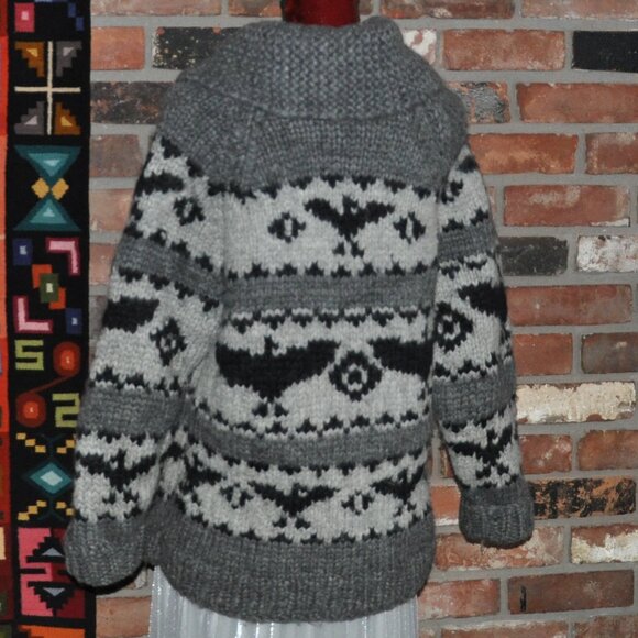 COWICHAN Wool HAND KNIT Eagle Zip-up WINTER Grey & Black unisex Sweater COAT M - Picture 3 of 7